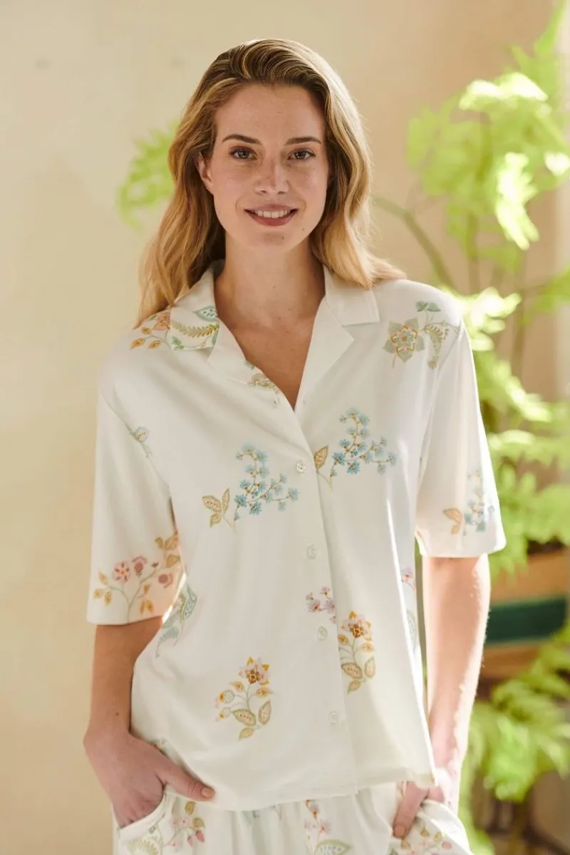 Pip Studio Strandmode|Tops|Flora Top Kurze Ärmeln Blossom Chique Weiss