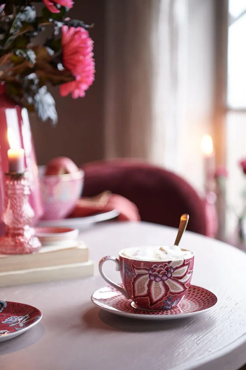 Pip Studio Porzellan Sets|Cappuccino Tasse|Flower Festival Set/2 Cappuccino Tasse & Undertasse Dunkel Rosa