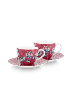 Pip Studio Porzellan Sets|Espresso Tasse|Flower Festival Set/2 Espresso Tasse & Undertasse Dunkelrosa