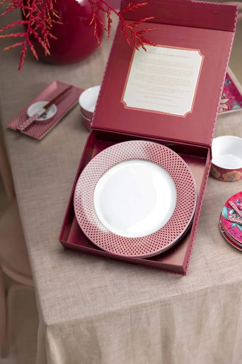 Pip Studio Porzellan Sets|Essteller|Flower Festival Set/4 Essteller Dunkel 26.5cm Rosa