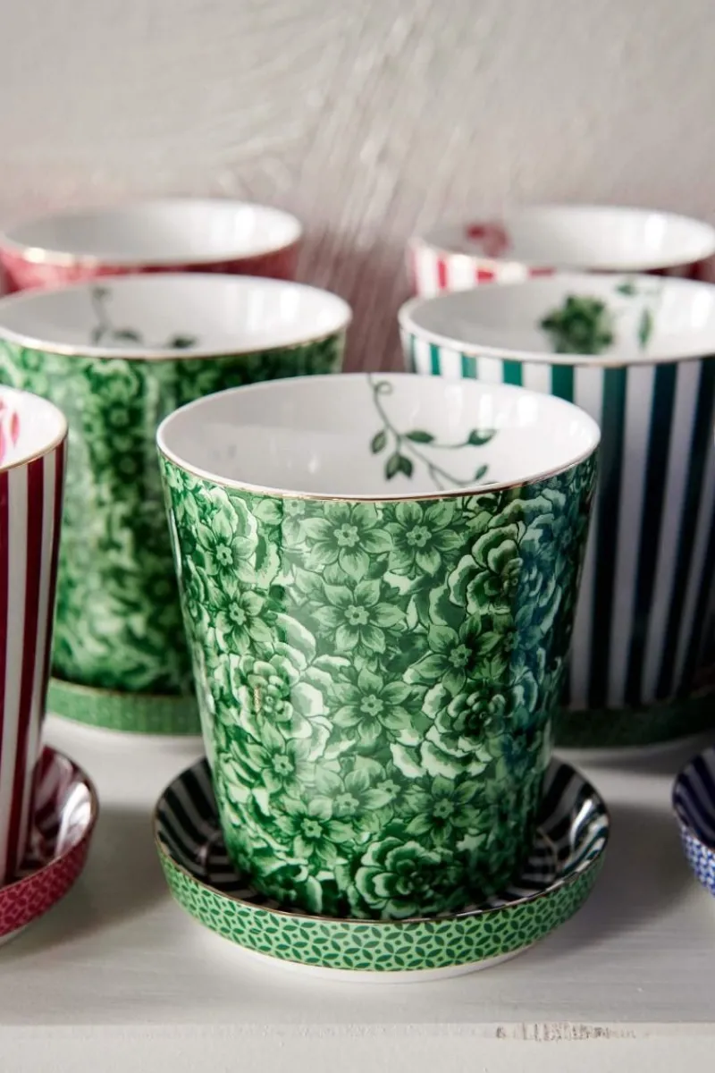 Pip Studio Porzellan Sets|Teetassen|Royal Stripes Tasse Blumen & Teebeutelablage Grün