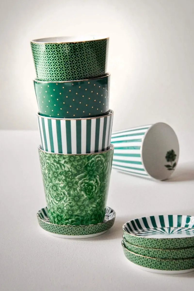 Pip Studio Porzellan Sets|Teetassen|Royal Stripes Tasse Blumen & Teebeutelablage Grün