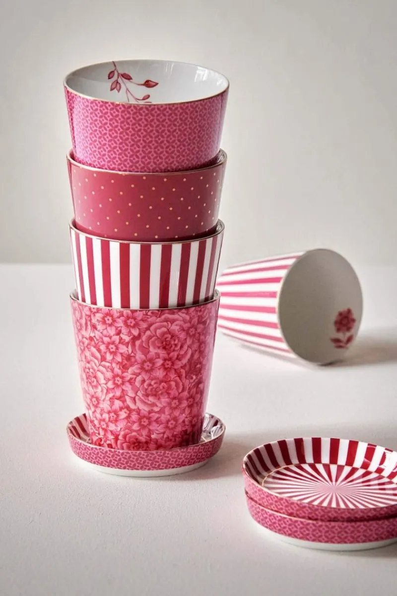 Pip Studio Porzellan Sets|Teetassen|Royal Stripes Tasse & Teebeutelablage Dunkel Rosa