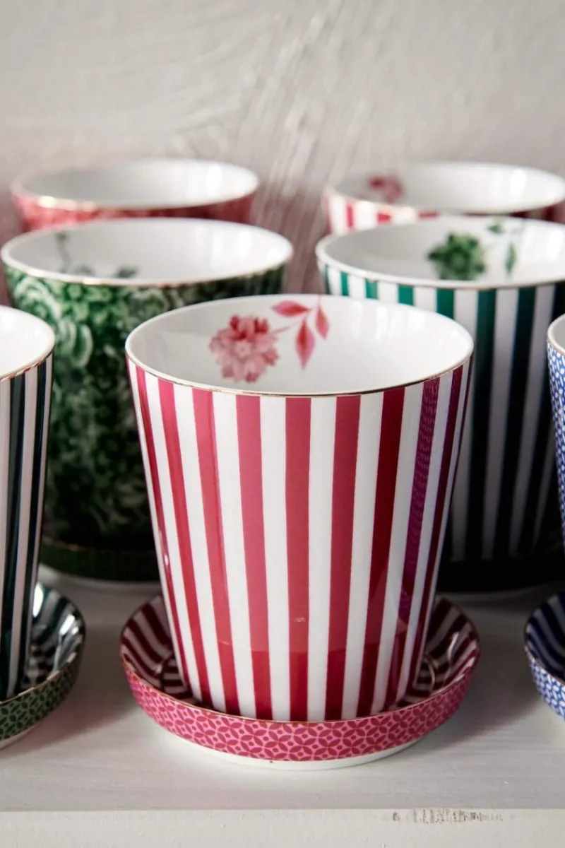 Pip Studio Porzellan Sets|Teetassen|Royal Stripes Tasse & Teebeutelablage Dunkel Rosa