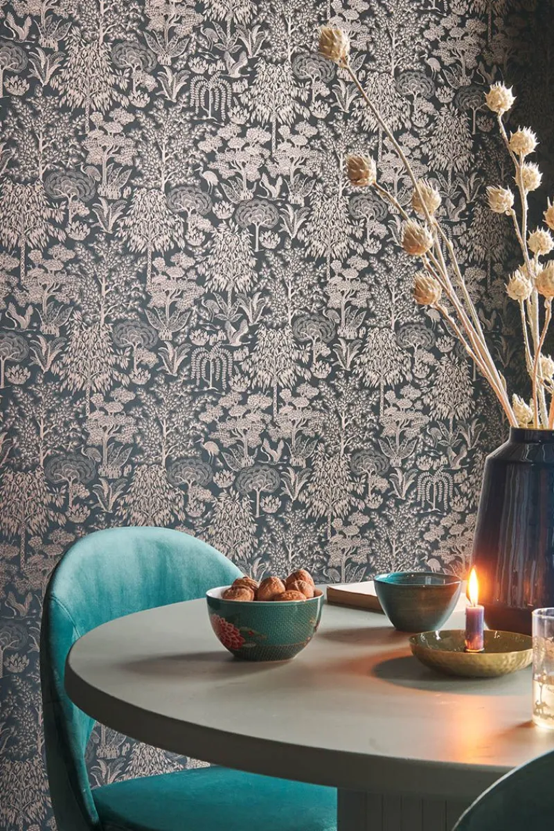 Pip Studio Tapetenmuster|Tapetenmuster Origami Tree Dunkel/Roségold Blau