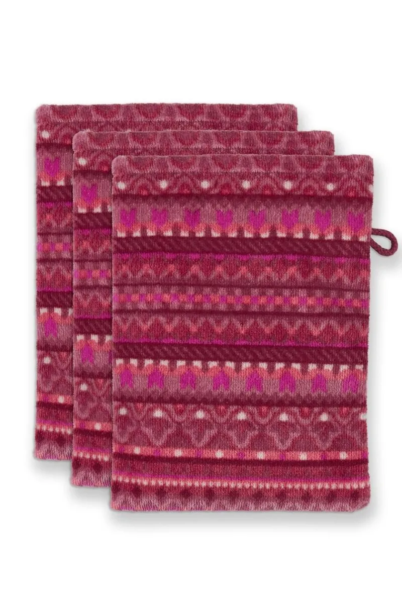 Pip Studio Waschlappen|Waschlappen Set/3 Geometric Print Dunkel 16x22cm Rosa