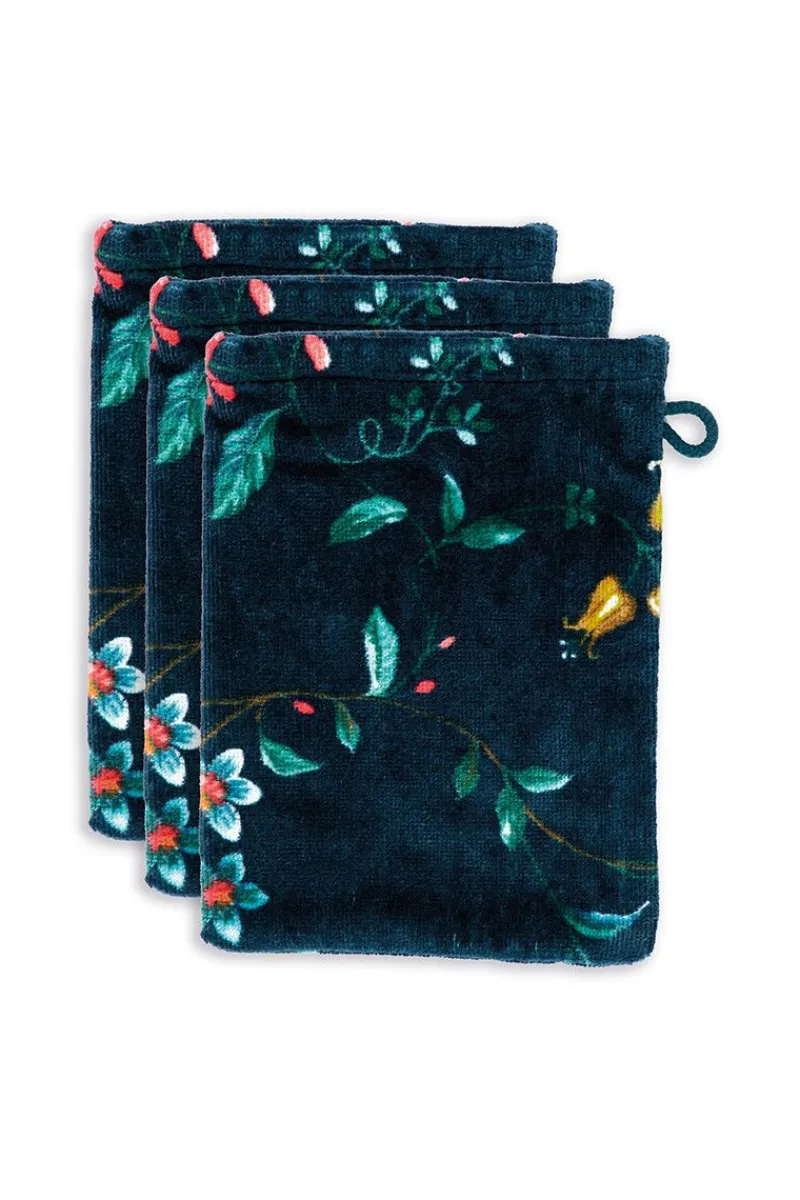 Pip Studio Waschlappen|Waschlappen Set/3 Les Fleurs Dunkel 16x22 cm Blau